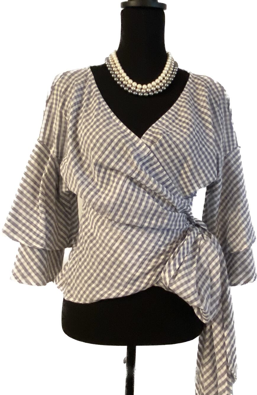 WAYF Long Ties 3/4 Ruffle Sleeve Unique Wrap Top Women S Gray White Gingham